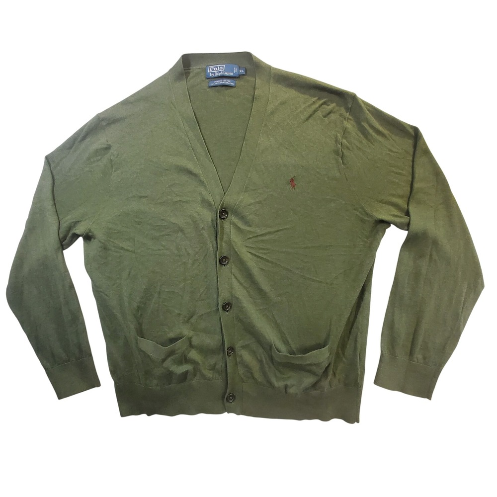 Polo Ralph Lauren Mens XL Green 100% Pima Cotton V-Neck Button Cardigan Sweater